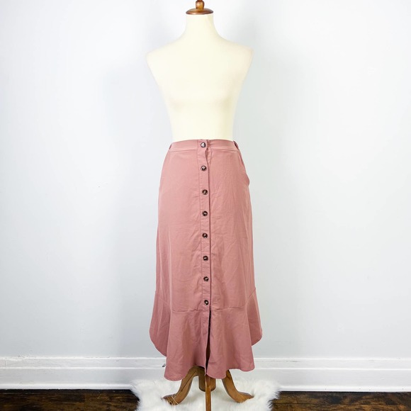 Zaful front button mauve midi skirt bottom ruffle Size Small - Picture 1 of 6